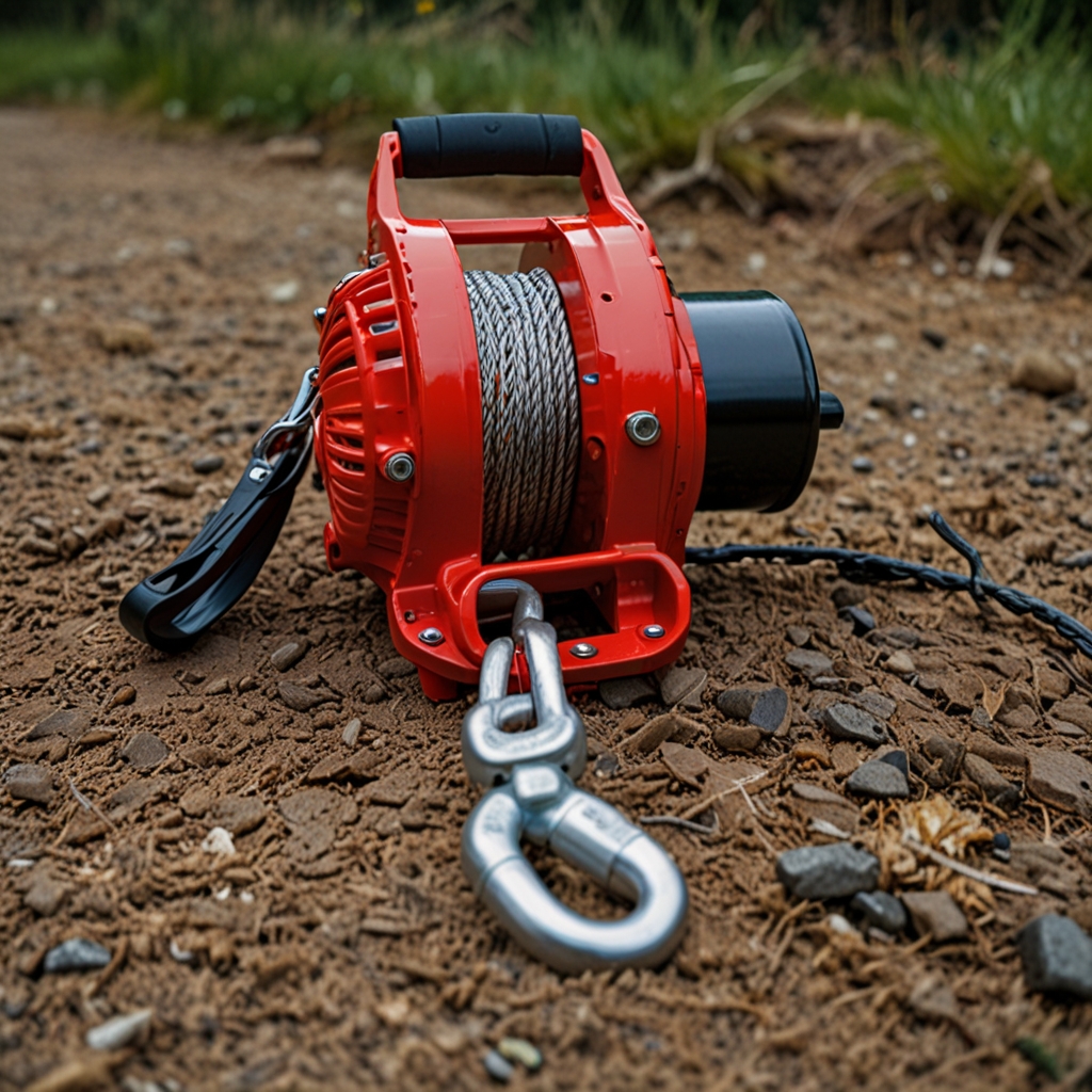 Winch pulling a 1,000 lb load on construction site