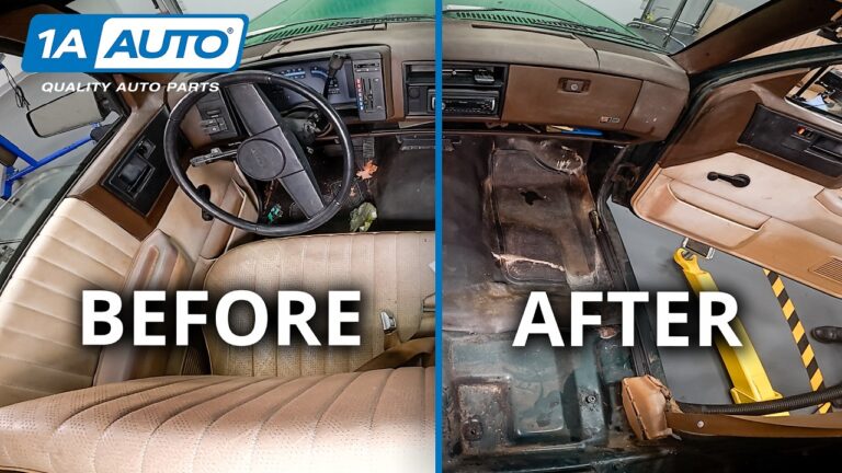 A man removes a bench seat from a 1987 Chevrolet S10 truck interior.